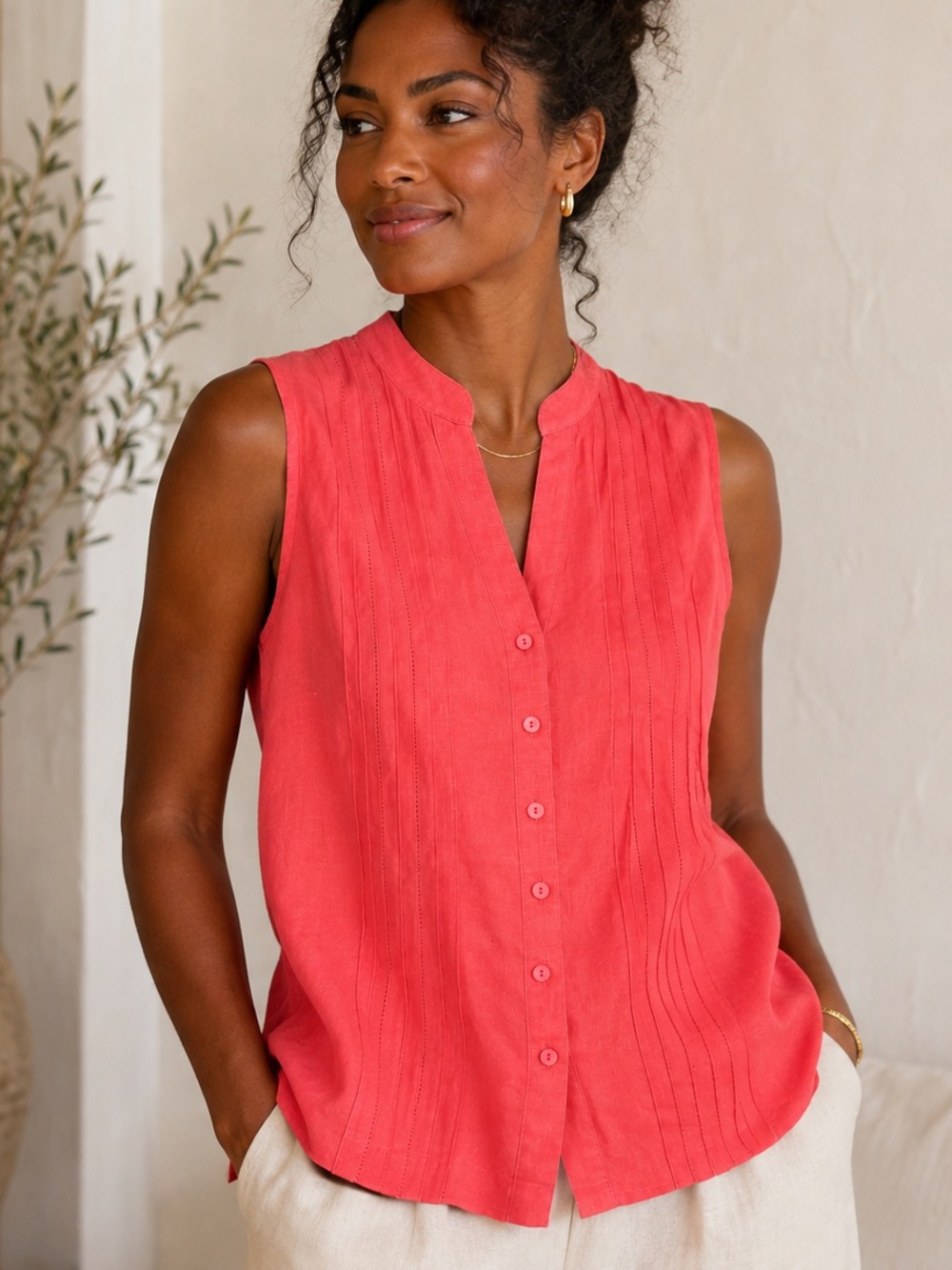 Kim Rogers Signature 100% Linen Coral Pintuck Sleeveless Button Top